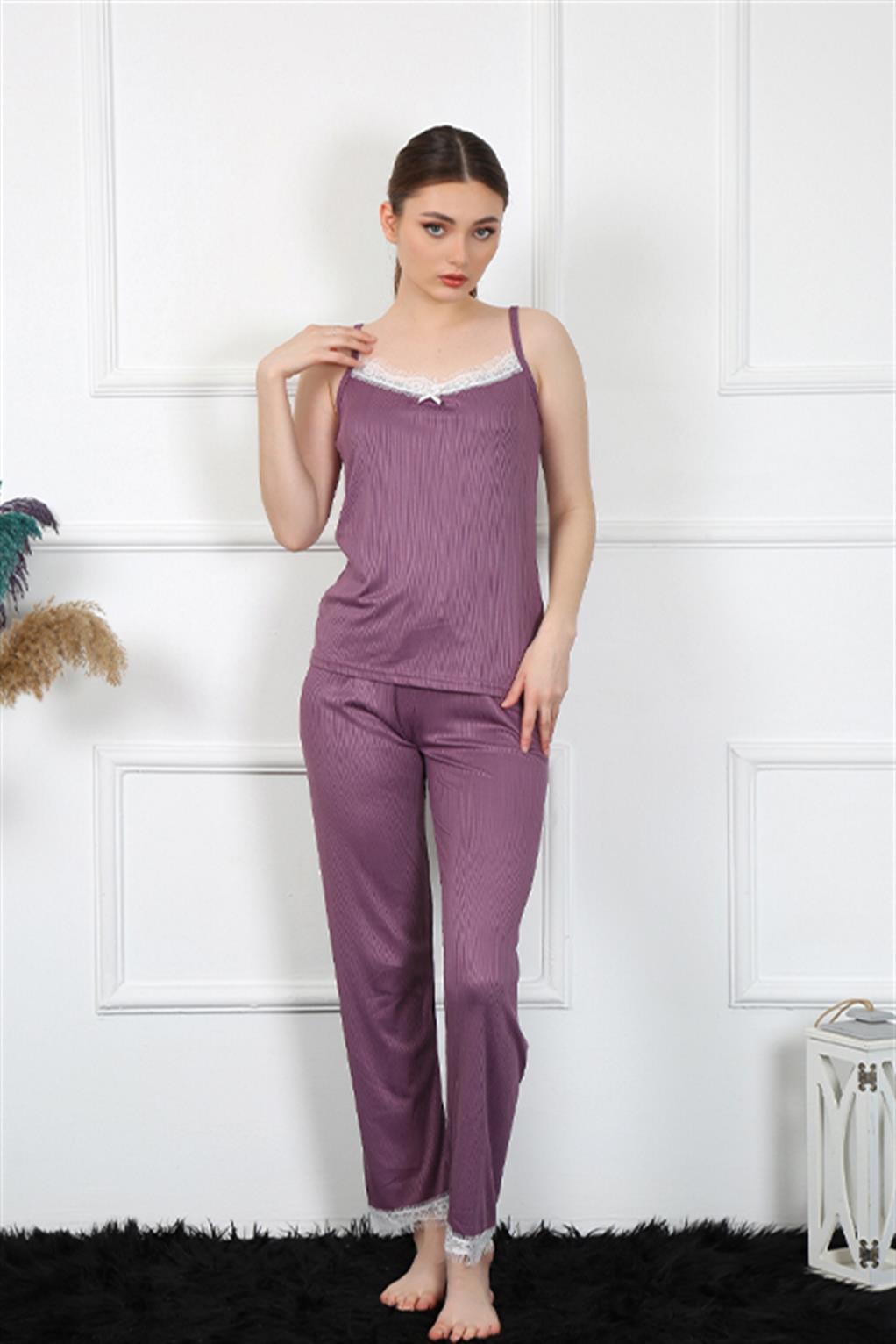 Moda Çizgi Kadın İp Askılı Mürdüm Pijama Takım 4136 - XL | Mürdüm