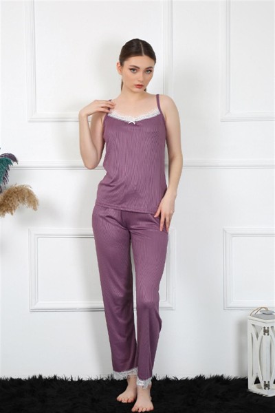 Moda Çizgi Kadın İp Askılı Mürdüm Pijama Takım 4136 - Thumbnail