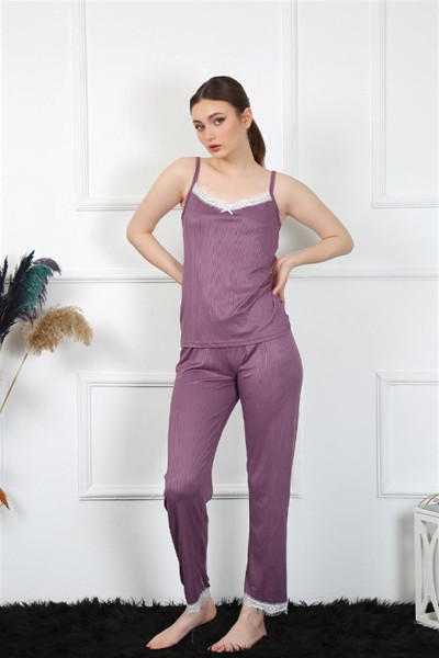 Moda Çizgi Kadın İp Askılı Mürdüm Pijama Takım 4136 - Thumbnail