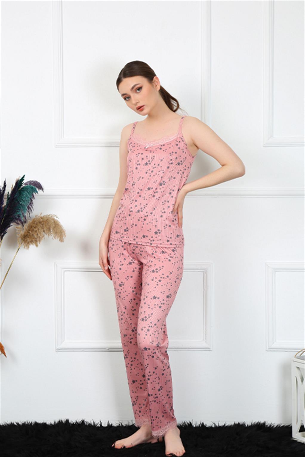 Moda Çizgi Kadın İp Askılı Pudra Pijama Takım 4137 - L | Pudra