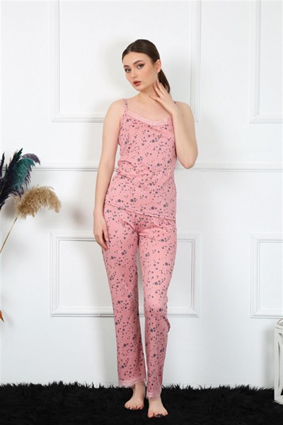 Moda Çizgi Kadın İp Askılı Pudra Pijama Takım 4137 - Thumbnail