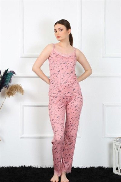 Moda Çizgi Kadın İp Askılı Pudra Pijama Takım 4137 - Thumbnail
