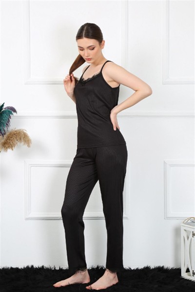Moda Çizgi Kadın İp Askılı Siyah Pijama Takım 4136 - Thumbnail