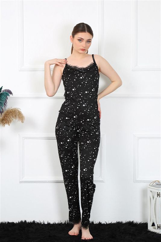 Moda Çizgi Kadın İp Askılı Siyah Pijama Takım 4137 - 1