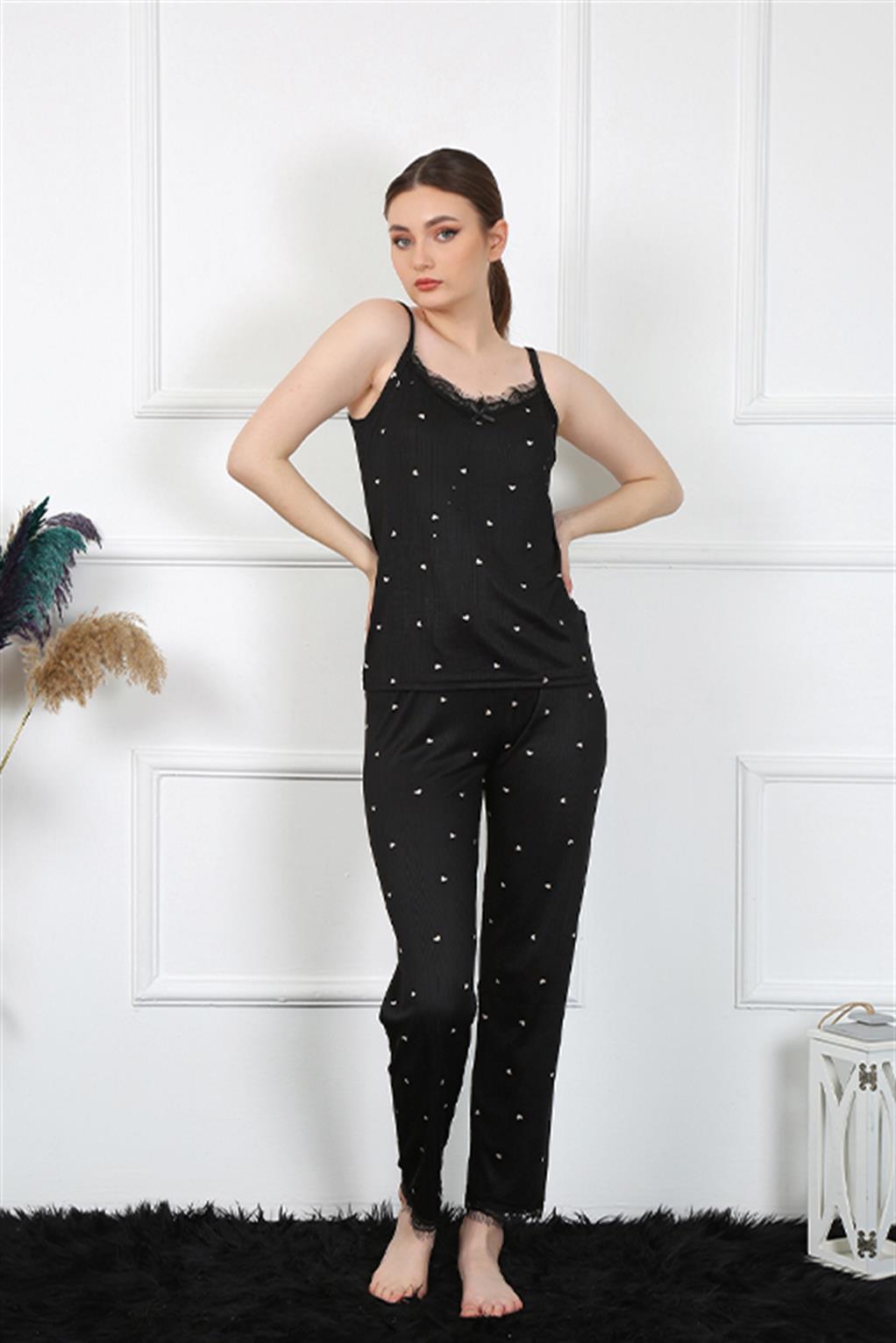 Moda Çizgi Kadın İp Askılı Siyah Pijama Takım 4138 - 2XL | Siyah