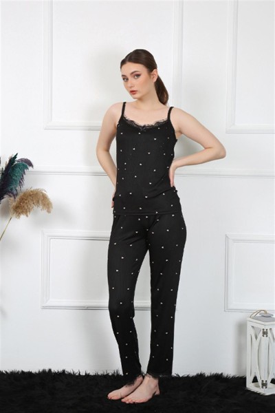 Moda Çizgi Kadın İp Askılı Siyah Pijama Takım 4138 - Thumbnail