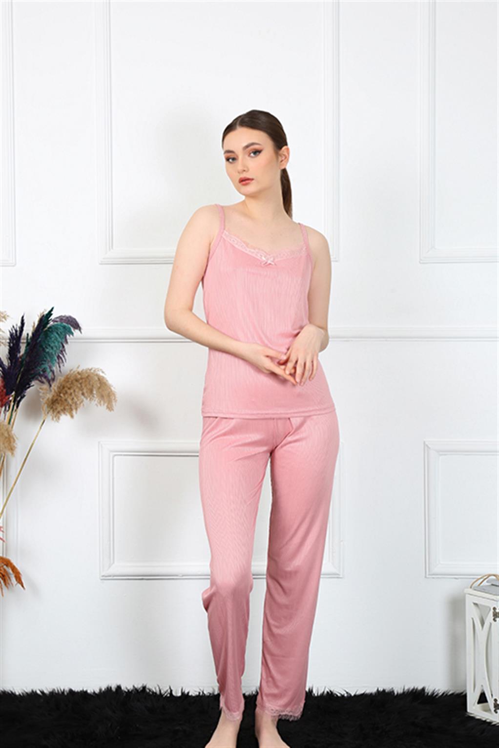 Moda Çizgi Kadın İp Askılı Somon Pijama Takım 4136 - L | Somon