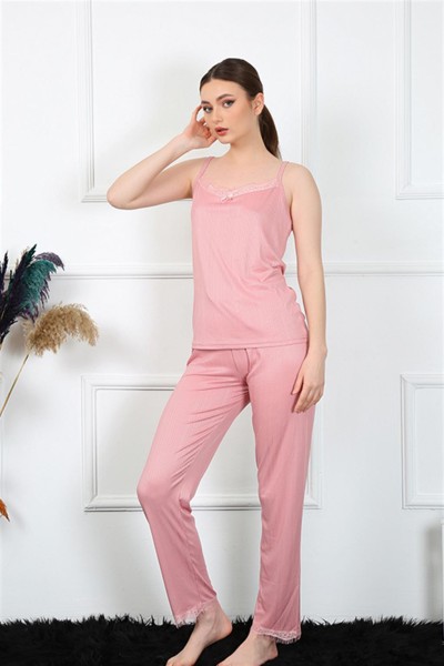 Moda Çizgi Kadın İp Askılı Somon Pijama Takım 4136 - Thumbnail
