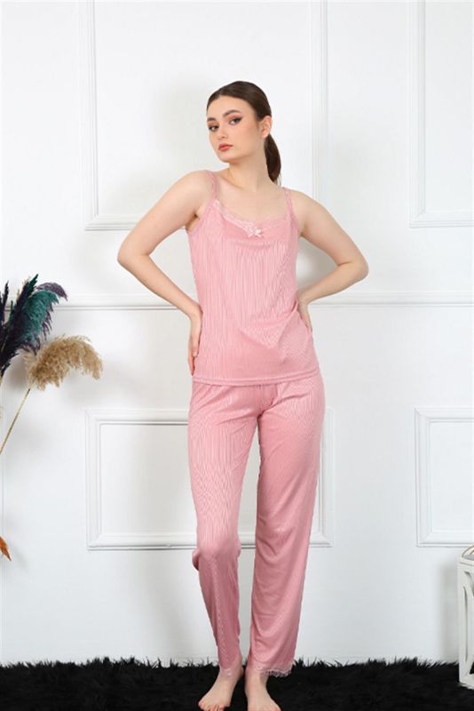 Moda Çizgi Kadın İp Askılı Somon Pijama Takım 4136 - 3