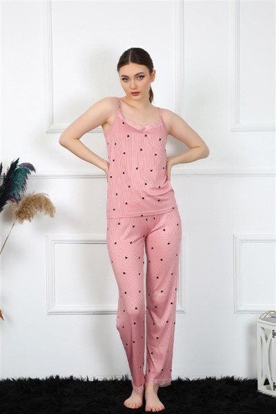Moda Çizgi Kadın İp Askılı Somon Pijama Takım 4138 - Thumbnail