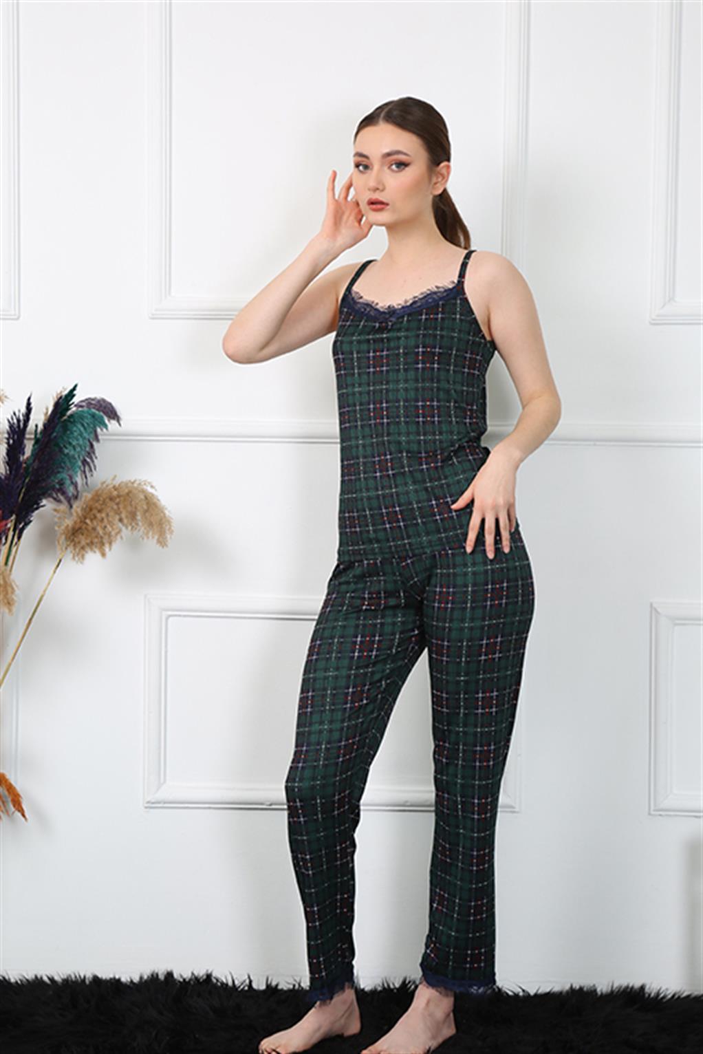 Moda Çizgi Kadın İp Askılı Yeşil Ekoseli Pijama Takım 4135 - M | Yeşil