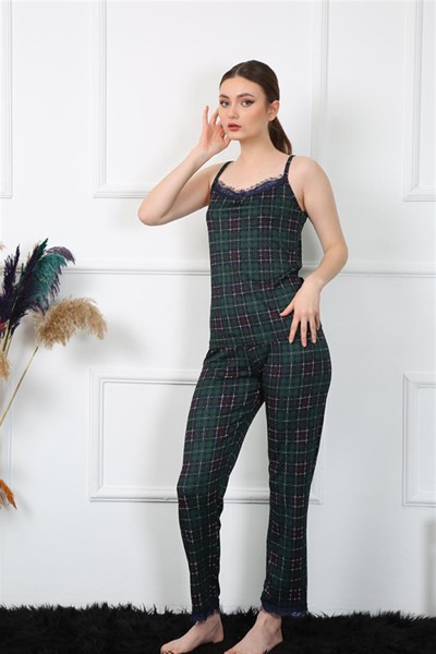 Moda Çizgi - Moda Çizgi Kadın İp Askılı Yeşil Ekoseli Pijama Takım 4135