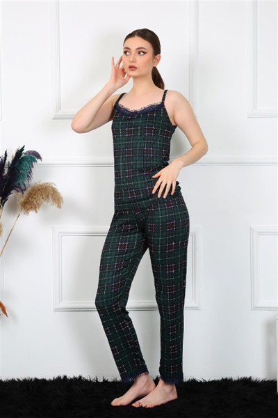 Moda Çizgi Kadın İp Askılı Yeşil Ekoseli Pijama Takım 4135 - Thumbnail