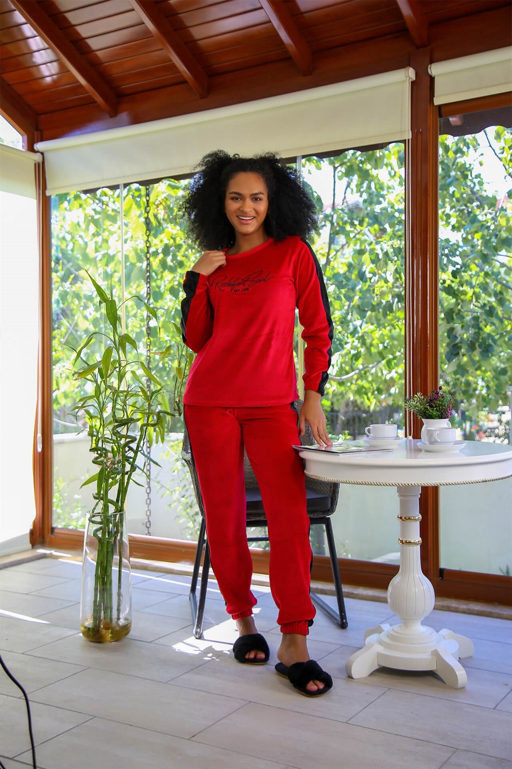 Moda Çizgi Kadın Kadife Eşofman Takım 9077 - M | Kırmızı