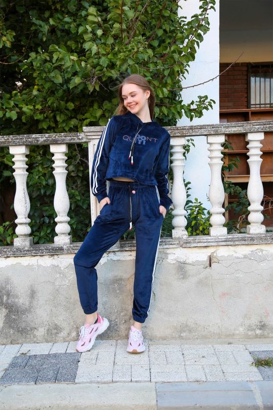 Moda Çizgi Kadın Kadife Kapşonlu Eşofman Takım 9059 - 4
