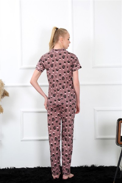 Moda Çizgi Kadın Kahve Önden Düğmeli Kısa Kol Pijama Takım 2844 - Thumbnail