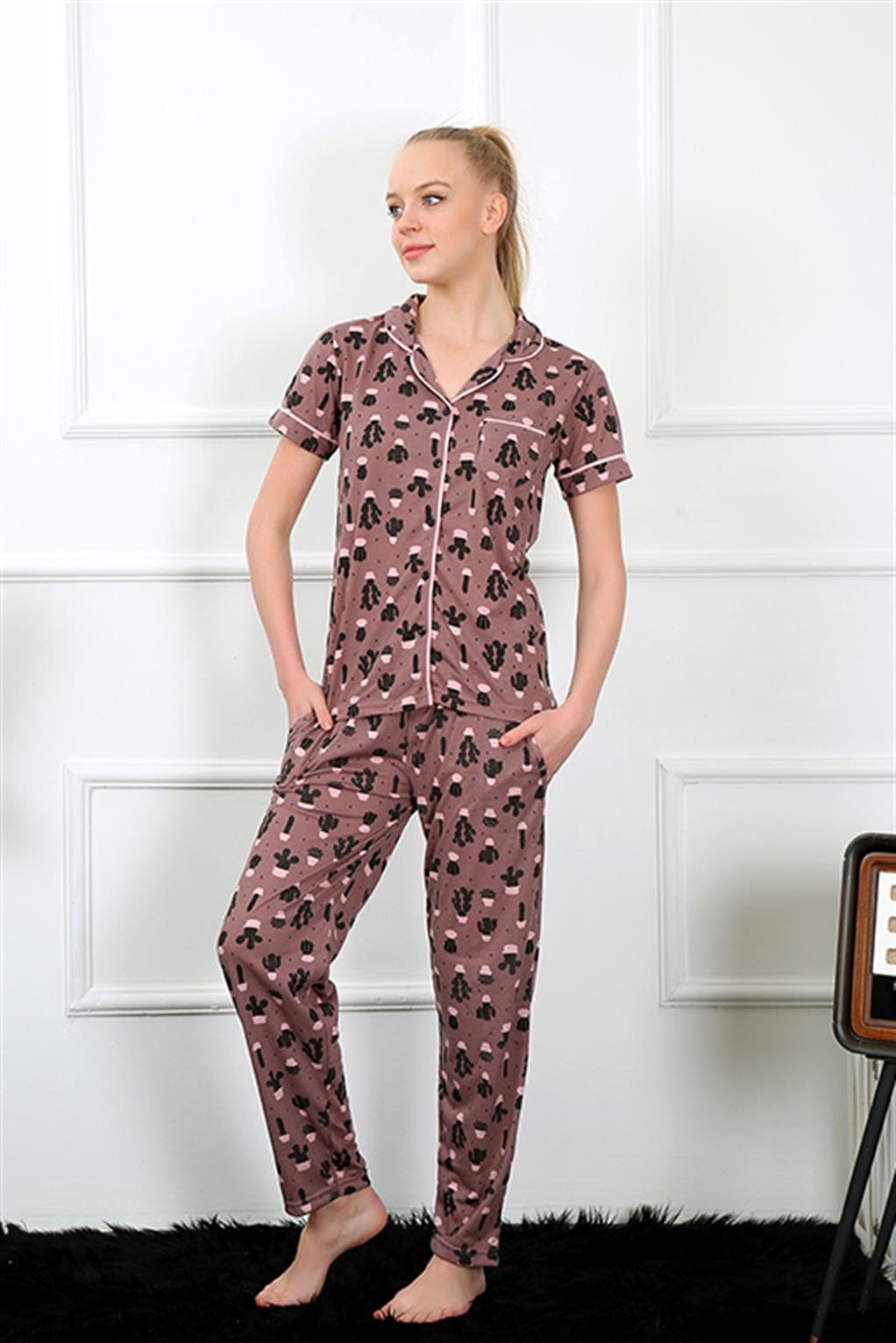 Moda Çizgi Kadın Kahve Önden Düğmeli Kısa Kol Pijama Takım 2844 - XL | Kahve