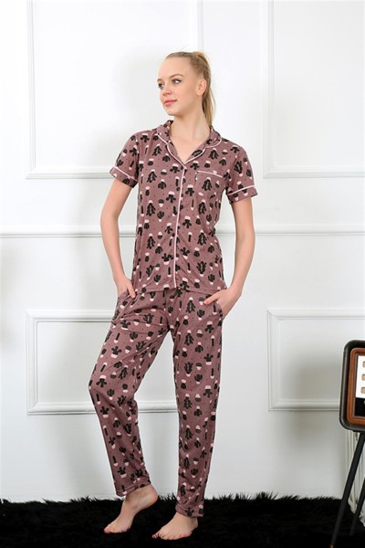 Moda Çizgi Kadın Kahve Önden Düğmeli Kısa Kol Pijama Takım 2844 - Thumbnail