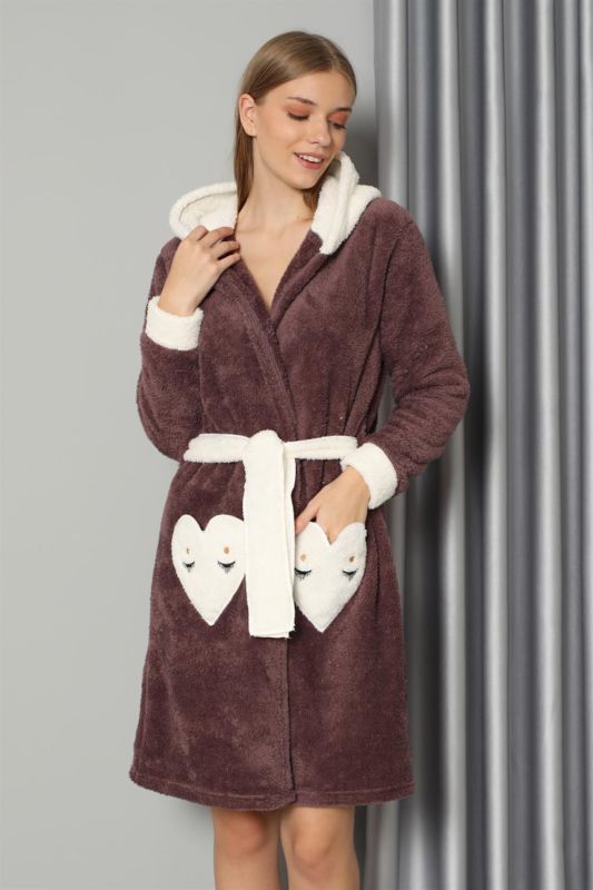 Moda Çizgi Kadın Kahve Rengi Welsoft Polar Sabahlık 20573 - 3