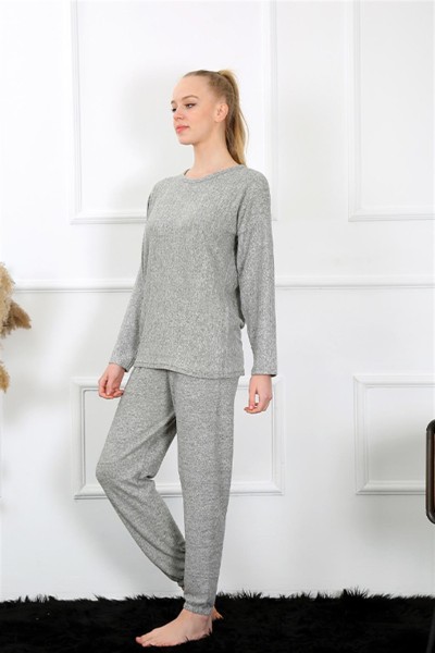 Moda Çizgi Kadın Kalın Uzun Kol Penye Gri Pijama Takım 4131 - Thumbnail