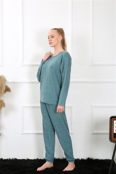 Moda Çizgi Kadın Kalın Uzun Kol Penye İndigo Pijama Takım 4131 - Thumbnail
