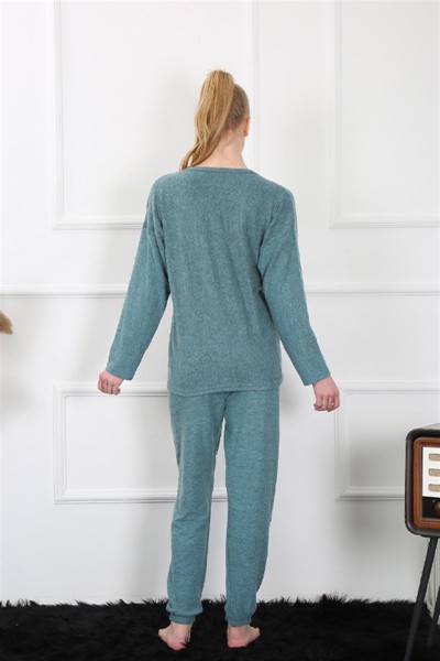 Moda Çizgi Kadın Kalın Uzun Kol Penye İndigo Pijama Takım 4131 - Thumbnail