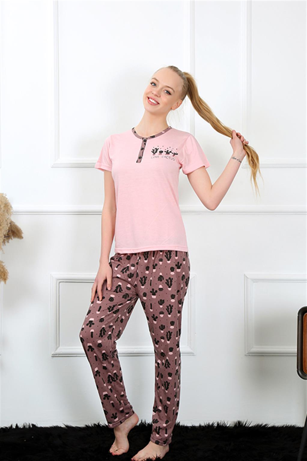 Moda Çizgi Kadın Kısa Kol Pijama Takım 20366 - XL | Pembe