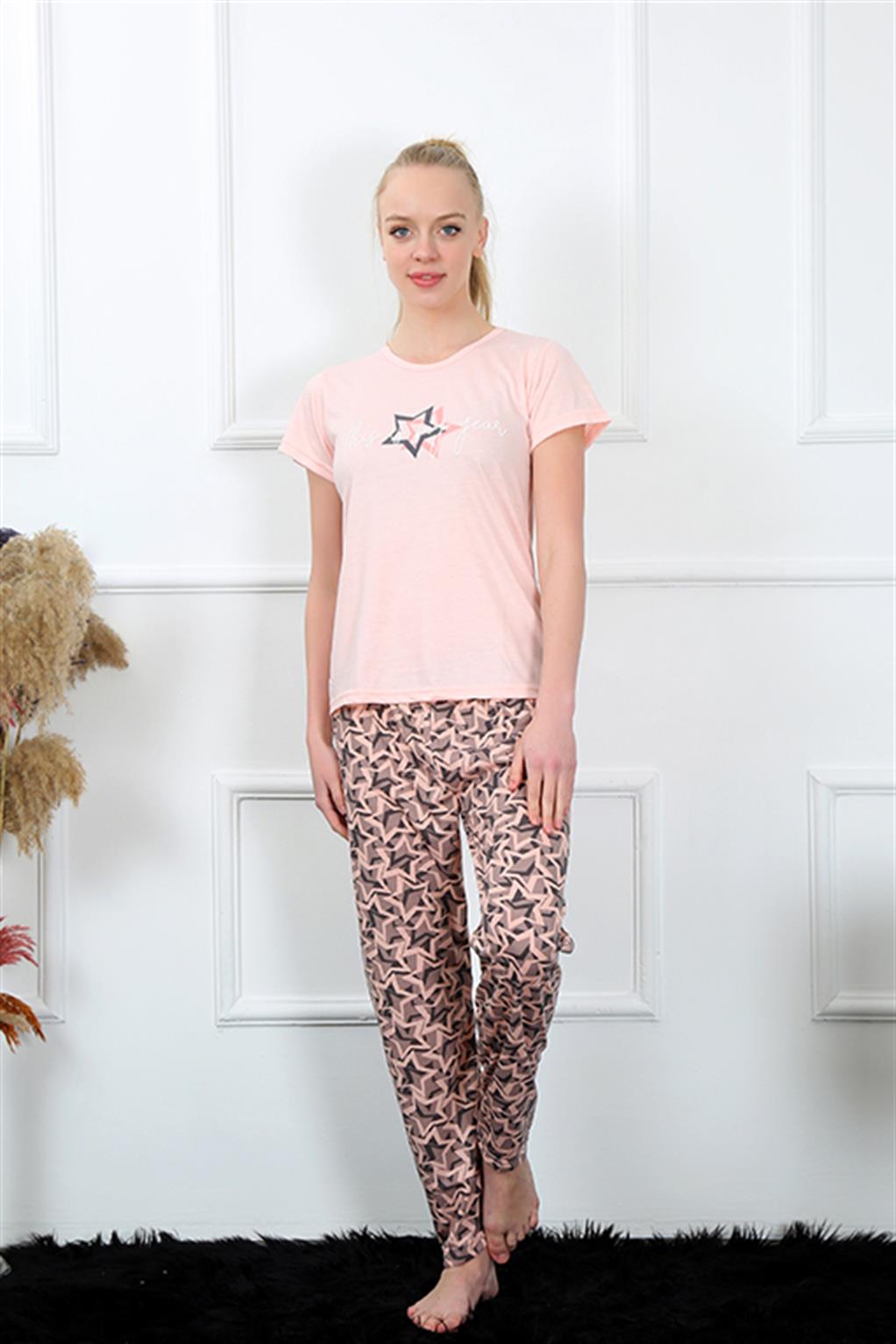Moda Çizgi Kadın Kısa Kol Pijama Takım 20368 - XL | Somon
