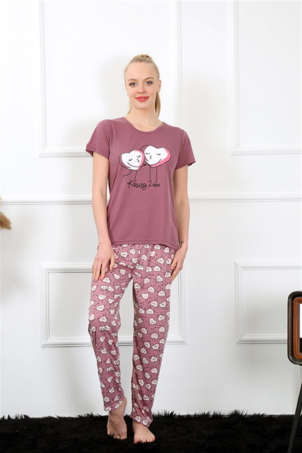 Moda Çizgi Kadın Kısa Kol Pijama Takım 20414 - S | Mürdüm