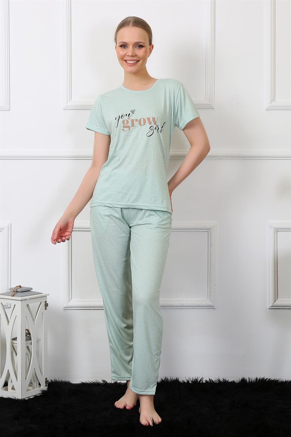 Moda Çizgi Kadın Kısa Kol Pijama Takım 4140 - XL | Su Yeşili