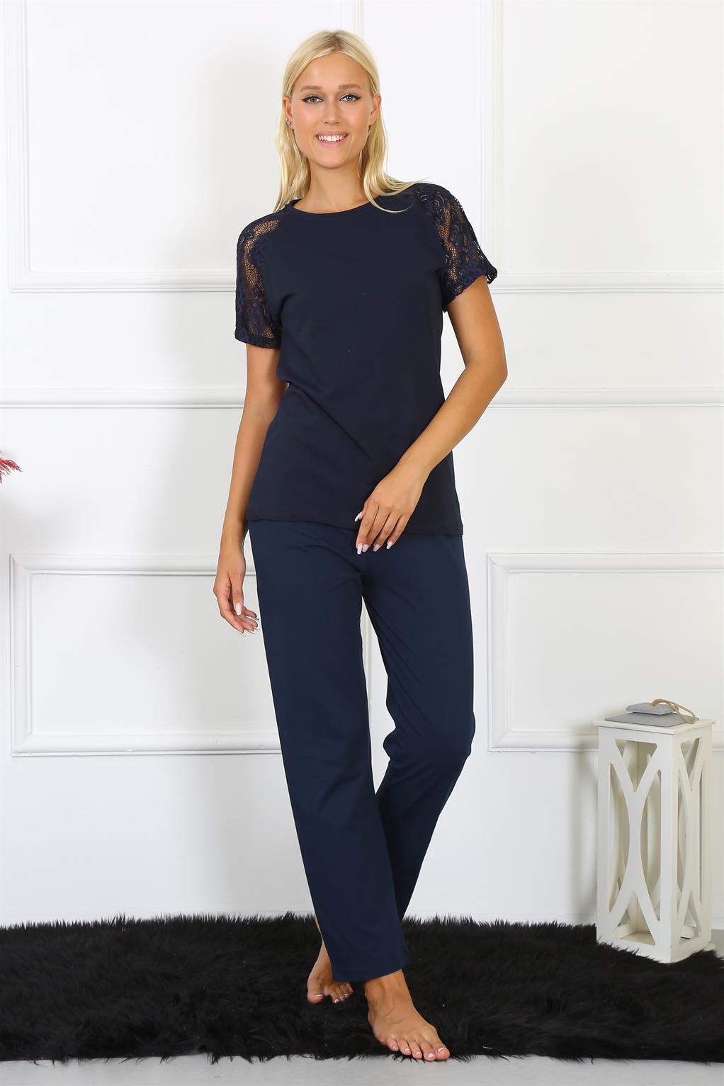 Moda Çizgi Kadın Kolu Dantelli Penye Pijama Takım 4150 - 2XL | Lacivert