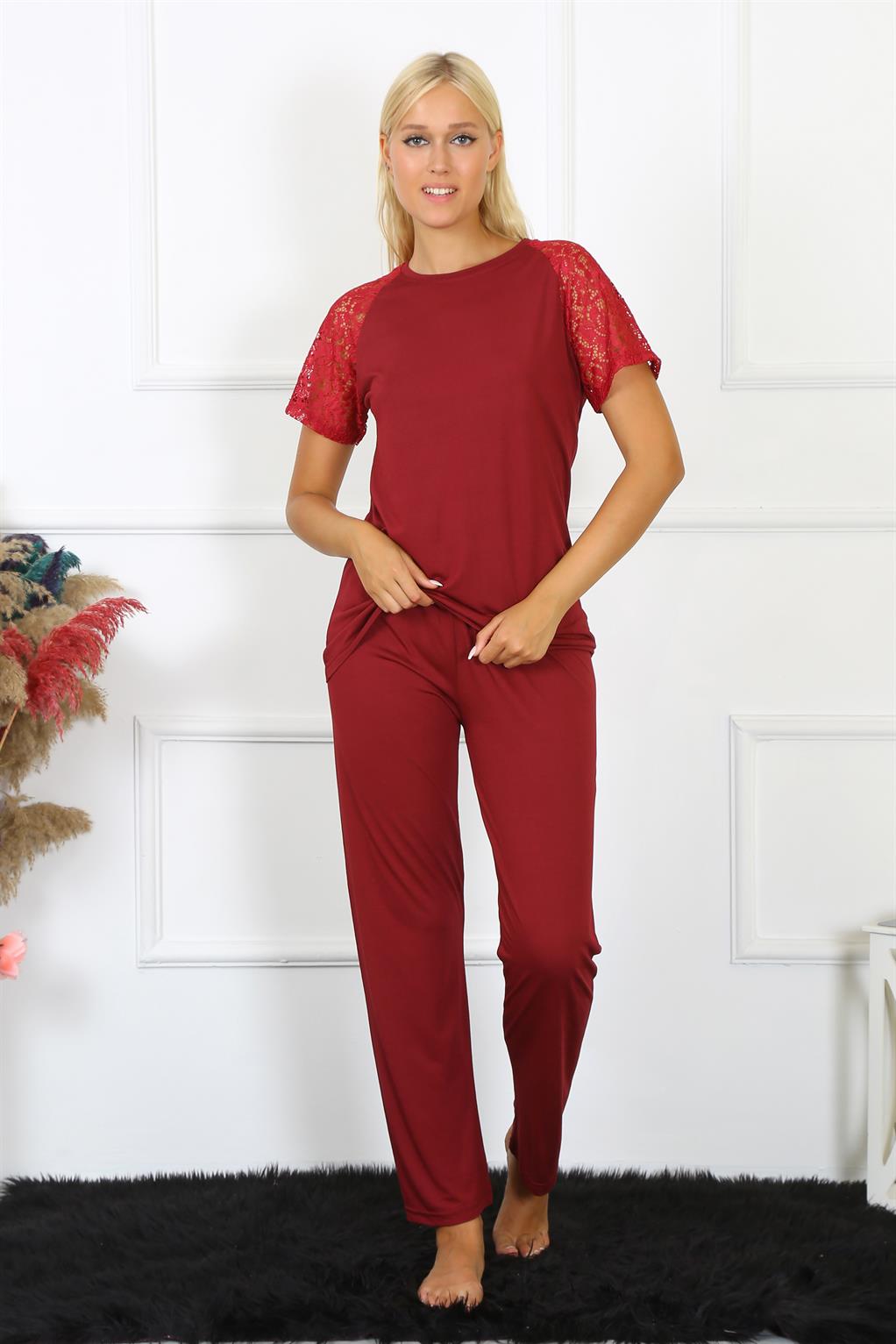 Moda Çizgi Kadın Kolu Dantelli Penye Pijama Takım 4152 - 3XL | Bordo