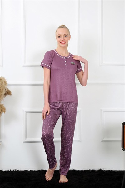 Moda Çizgi - Moda Çizgi Kadın Mürdüm Kısa Kol Pijama Takım 20388