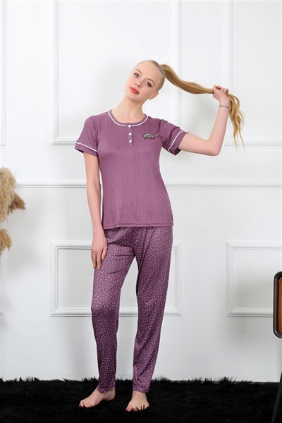 Moda Çizgi Kadın Mürdüm Kısa Kol Pijama Takım 20388 - Thumbnail