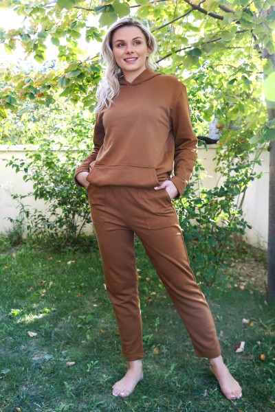 Moda Çizgi Kadın Pamuk Kapşonlu Cepli 3 İplik Kahve Eşofman Takım 9037 - Thumbnail