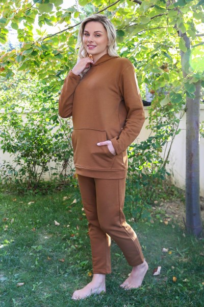 Moda Çizgi Kadın Pamuk Kapşonlu Cepli 3 İplik Kahve Eşofman Takım 9037 - Thumbnail