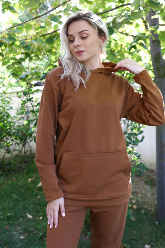 Moda Çizgi Kadın Pamuk Kapşonlu Cepli 3 İplik Kahve Eşofman Takım 9037 - 3