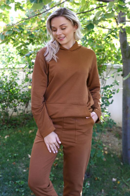 Moda Çizgi Kadın Pamuk Kapşonlu Cepli 3 İplik Kahve Eşofman Takım 9037 - 4