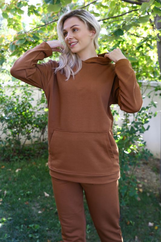 Moda Çizgi Kadın Pamuk Kapşonlu Cepli 3 İplik Kahve Eşofman Takım 9037 - 6