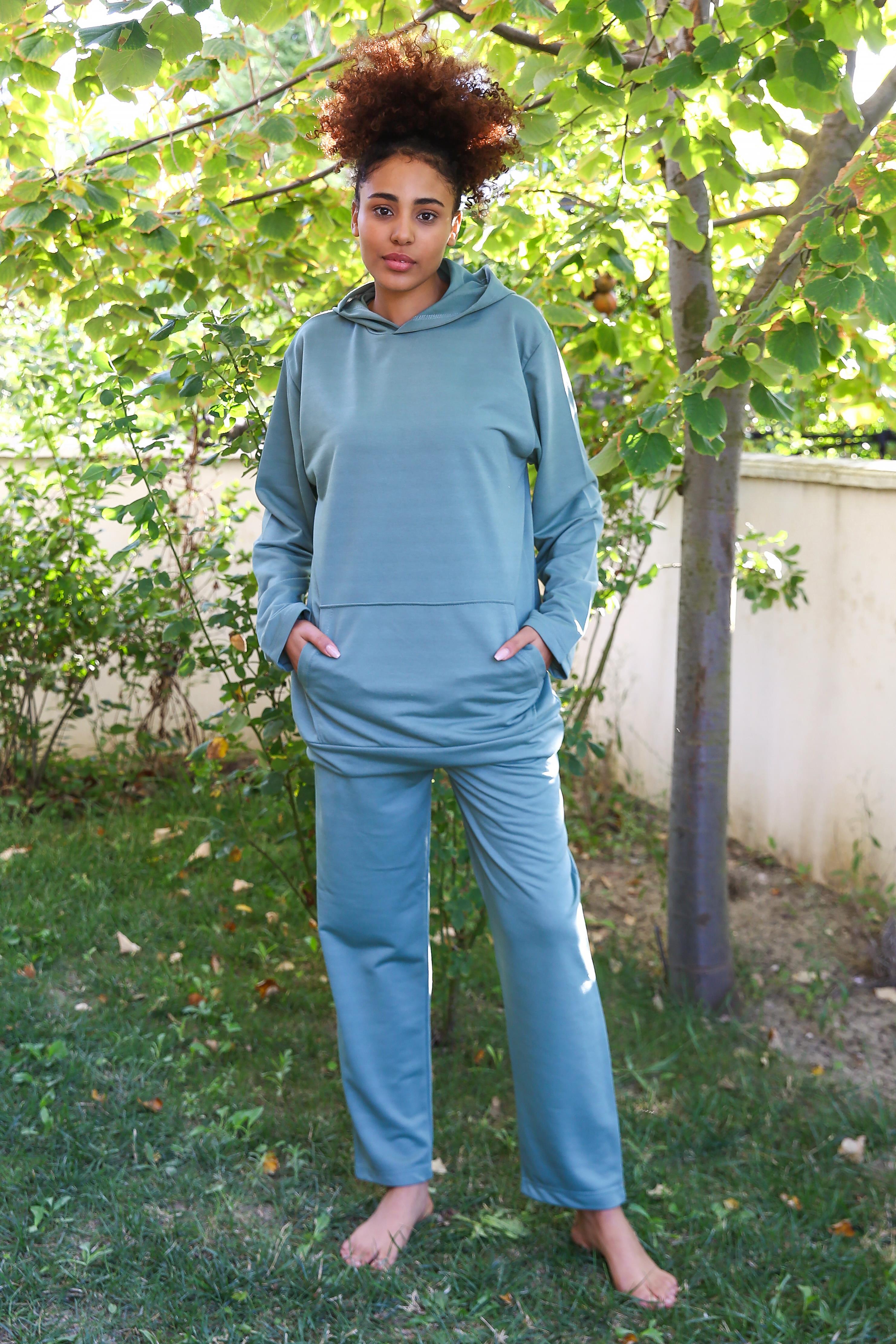 Moda Çizgi Kadın Pamuk Kapşonlu Cepli 3 İplik Yeşil Eşofman Takım 9037 - M | Yeşil