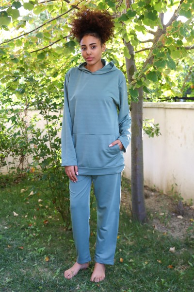Moda Çizgi Kadın Pamuk Kapşonlu Cepli 3 İplik Yeşil Eşofman Takım 9037 - Thumbnail
