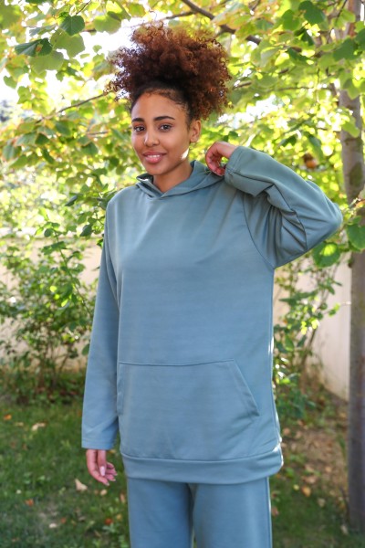 Moda Çizgi Kadın Pamuk Kapşonlu Cepli 3 İplik Yeşil Eşofman Takım 9037 - Thumbnail