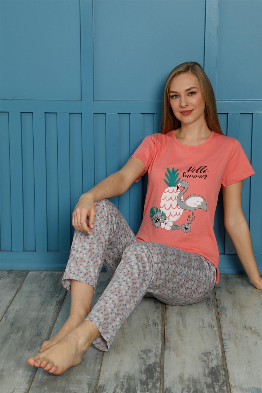 Moda Çizgi Kadın Pamuk Pijama Takım 20500N - L | Nar Çiçeği