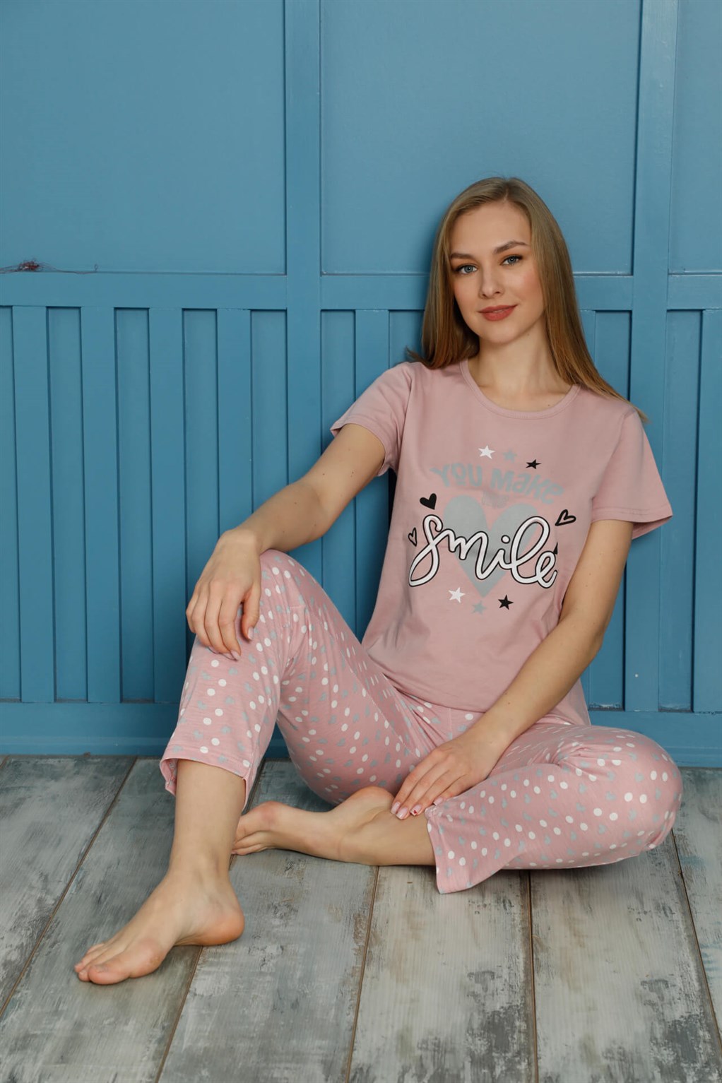 Moda Çizgi Kadın Pamuk Pijama Takım 20501P - S | Gül Kurusu