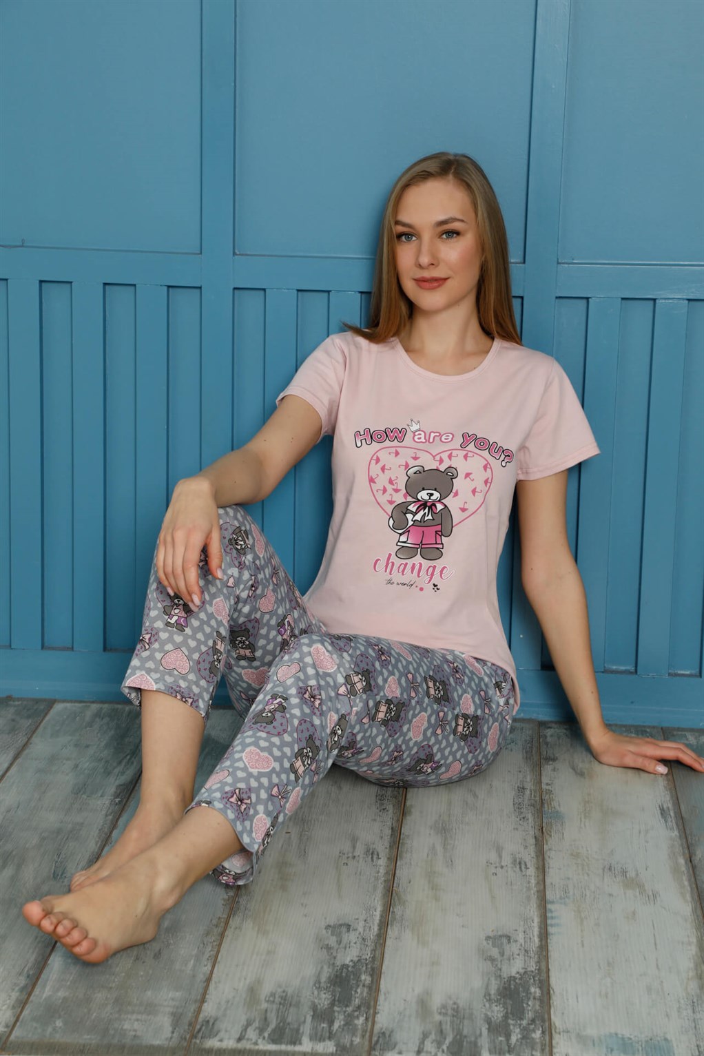 Moda Çizgi Kadın Pamuk Pijama Takım 20502P - XL | Pembe