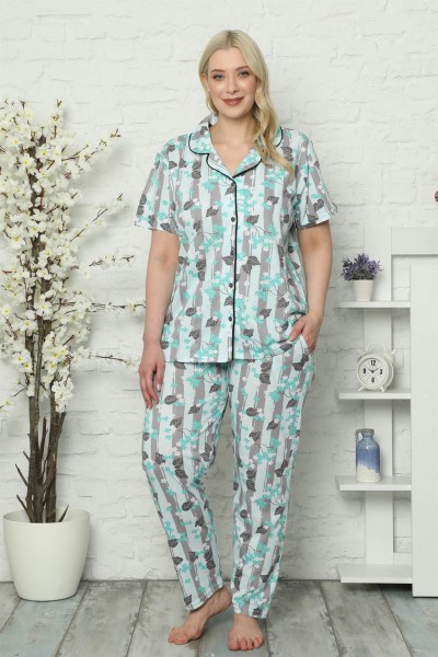 Kadın Pamuklu Cepli Kısa Kol Büyük Beden Pijama Takım 202026 - Thumbnail