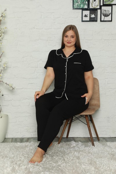 Moda Çizgi Kadın Pamuklu Cepli Kısa Kol Büyük Beden Pijama Takım 202062 - Thumbnail