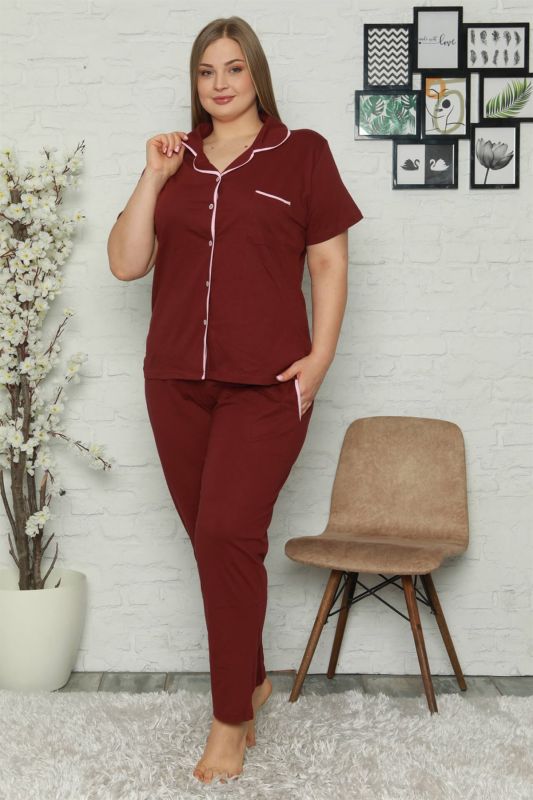 Moda Çizgi Kadın Pamuklu Cepli Kısa Kol Büyük Beden Pijama Takım 202063 - 1
