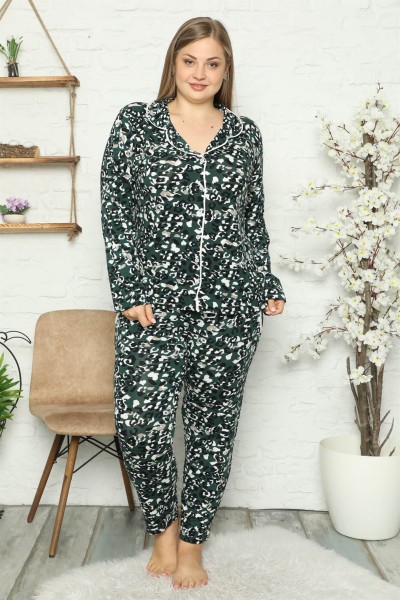 Moda Çizgi Kadın Pamuklu Cepli Uzun Kol Büyük Beden Pijama Takım 202046 - Thumbnail