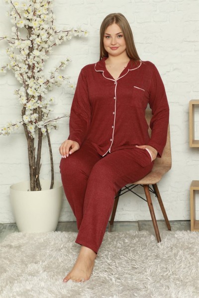 Moda Çizgi Kadın Pamuklu Cepli Uzun Kol Büyük Beden Pijama Takım 202051 - Thumbnail